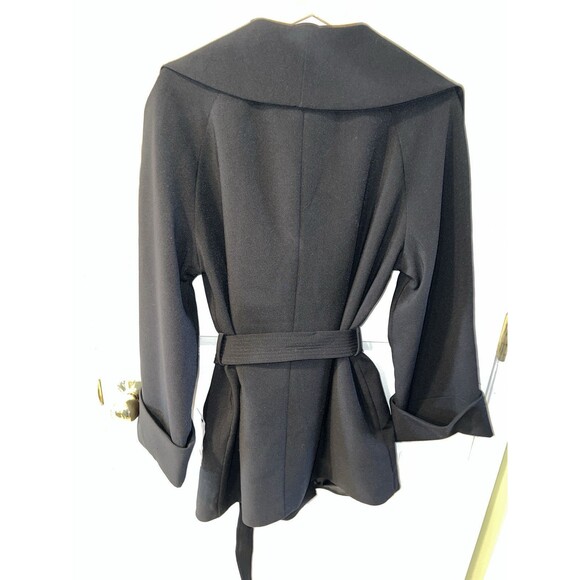 Tahari Coat Womens Large Riley Crepe Drape Neck Black Tie Belt Snap Close New - Picture 8 of 12